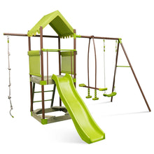 Load image into Gallery viewer, Balanoire 7-en-1 Aire de Jeu en Mtal avec Fort Couvert Rglable en Hauteur Corde d'Escalade Bac  Sable Glisseur Toboggan Ondul Vert -