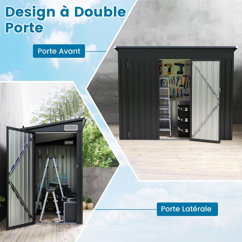 Abri de Jardin Extérieur Abri à Outils de Jardin avec 2 Portes Design Incliné Aérations Cadre en Métal Galvanisé 235x117x185cm Gris Foncé -