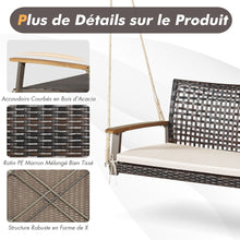 Load image into Gallery viewer, Banc Suspendu de Jardin en Rotin 2 Place Accoudoirs en Bois d'Acacia Cadre en Métal Coussin Cordes Crochets Blanc/Noir -