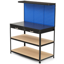 Load image into Gallery viewer, Établi de Bricolage 121 x 61 cm Table de Travail en Métal de 230 kg avec 3 Panneaux Perforés 24 Accessoires de Suspension Noir/Bleu Marine -