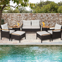 Load image into Gallery viewer, Ensemble de Canaps de Patio en Rotin PE 7 Pices avec Coussins d'Assise et de Dossier 2 Poufs 2 Tables Basses Plateau de Table -