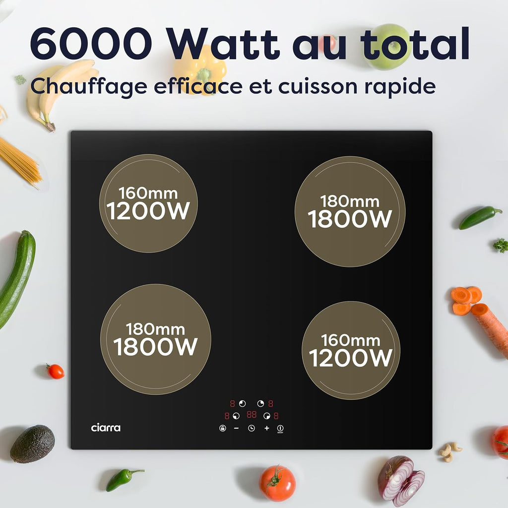 Ciarra Plaque de Cuisson à Induction - 4 Foyers - 6000W - Table de Cuisson Encastrable - Commande Tactile - 9 Niveaux - CABBIH4-E