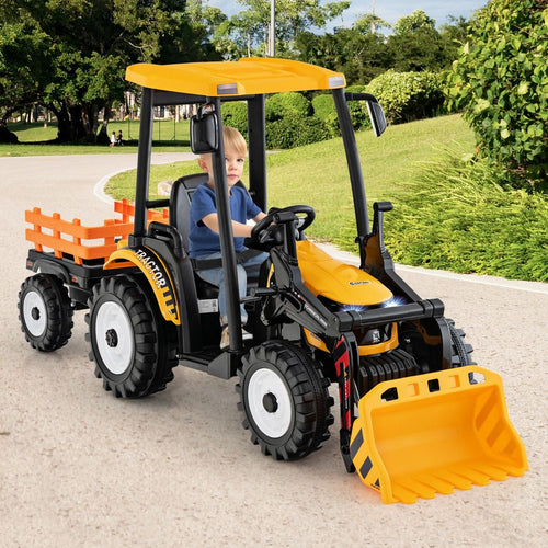 12V Tracteur lectrique Enfants avec Pelle&Remorque Amovible Vhicule lectrique  6 Roues avec Tlcommande & Musique 3-6 km/h pour 3-8 Ans Jaune/Vert -