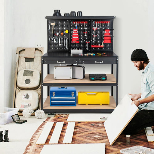 tabli Atelier Garage avec tagres et Tiroirs Panneaux Perfors Table de Travail Cadre en Mtal avec 25 Porte-outils 121 x 61 x 156 cm Noir -