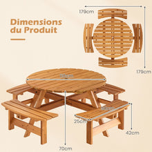Load image into Gallery viewer, Ensemble Table de Pique-Nique en Bois pour 2  8 Personnes Set Table et Banc Circulaire avec 4 Bancs Intgrs Trou de Parasol de 5cm Marron/Jaune -
