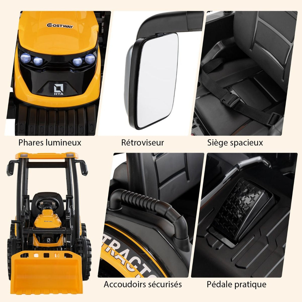 12V Tracteur lectrique Enfants avec Pelle&Remorque Amovible Vhicule lectrique  6 Roues avec Tlcommande & Musique 3-6 km/h pour 3-8 Ans Jaune/Vert -
