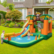 Load image into Gallery viewer, 7 en 1 Château Gonflable Tropical à Thème Singe &amp; Palmier avec Toboggan Aquatique avec Piscine &amp; 50 Boules Charge 90kg pour 2 Enfants de 3-10 Ans -
