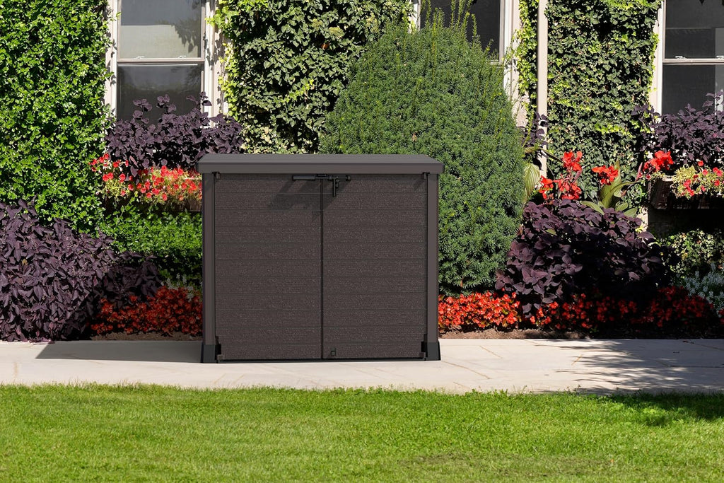 Duramax StoreAway 1200L Plastic Garden Shed/ Flat Lid,Outdoor Storage Shed,Wheelie Bin Hideaways,Wheelie bin box,Durable Construction,Ideal for Bikes,BBQs & 2x 240L Bins,145x85x125 cm,Brown