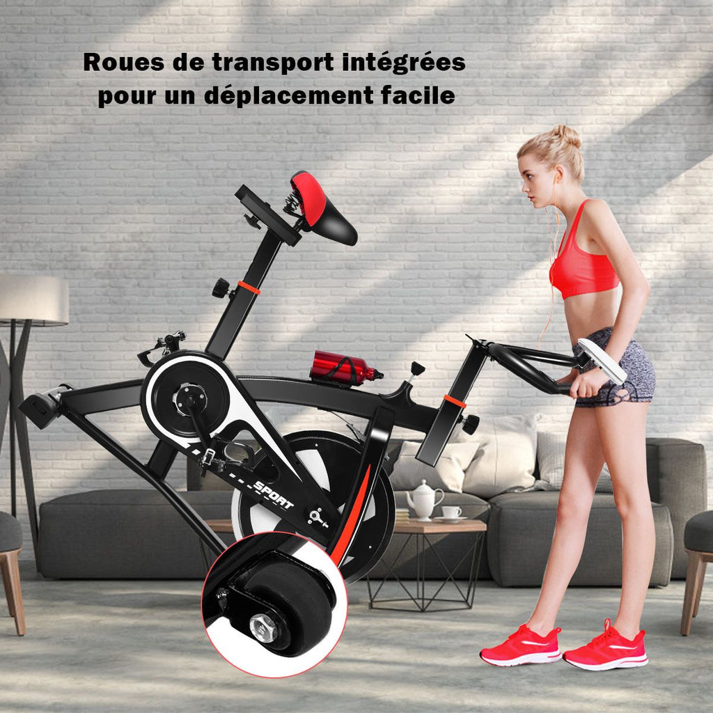 Vlo D檃ppartement Vlo Silencieux avec Courroie et Roue D檌nertie en Fer de 10kg Guidon et Selle Ajustable Noir + Rouge -