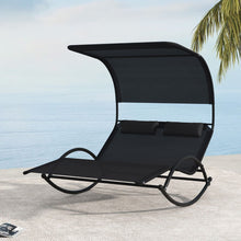 Load image into Gallery viewer, Chaise Longue Double Chaise  Bascule pour 2 Personnes 2 Appui-T锚tes Amovibles Cadre en Mtal Robuste Lit de Repos Ergonomique 2 Places Gris/Noir/Beige -