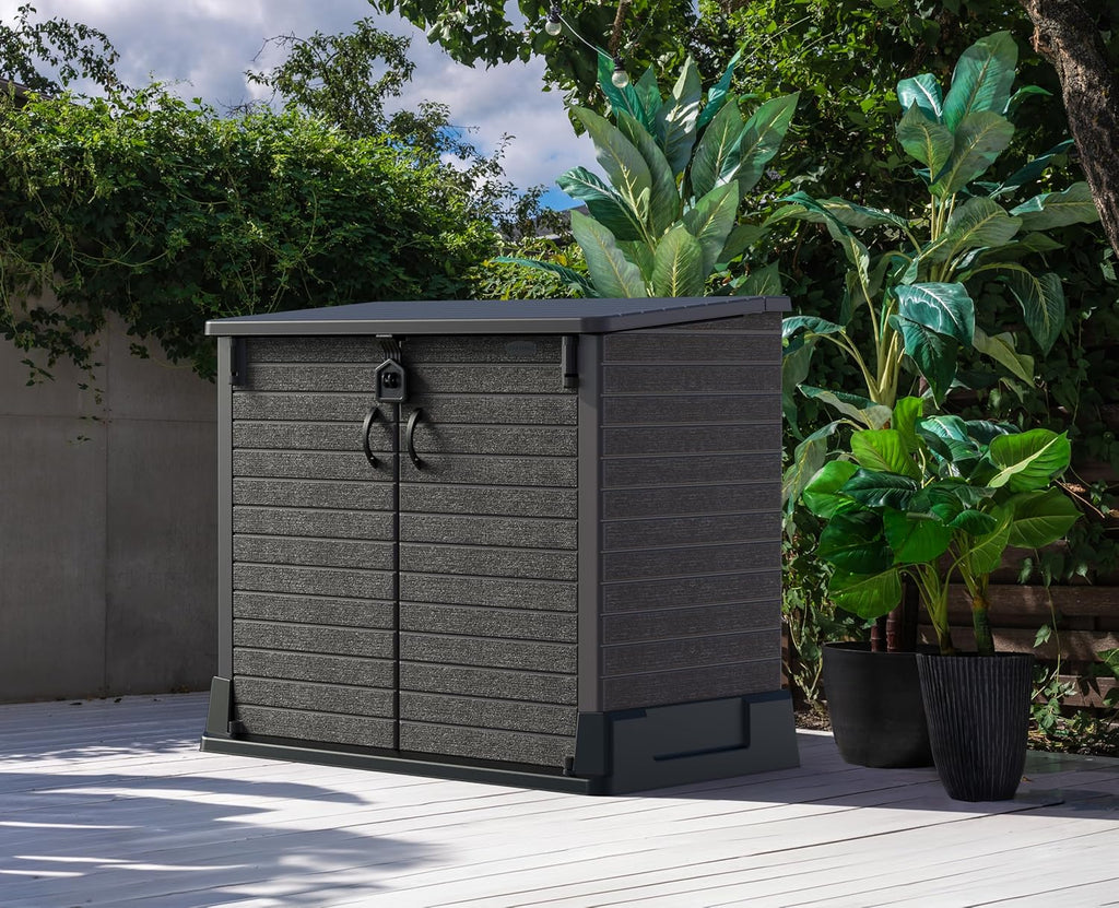 Duramax StoreAway 1200L Plastic Garden Shed/ Flat Lid,Outdoor Storage Shed,Wheelie Bin Hideaways,Wheelie bin box,Durable Construction,Ideal for Bikes,BBQs & 2x 240L Bins,145x85x125 cm,Brown