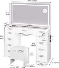 Load image into Gallery viewer, YITAHOME Grande Coiffeuse avec éclairage LED réglable et Prises électriques, Coiffeuse avec Miroir, Toit en Verre Transparent, 11 tiroirs et Tabouret, Blanc