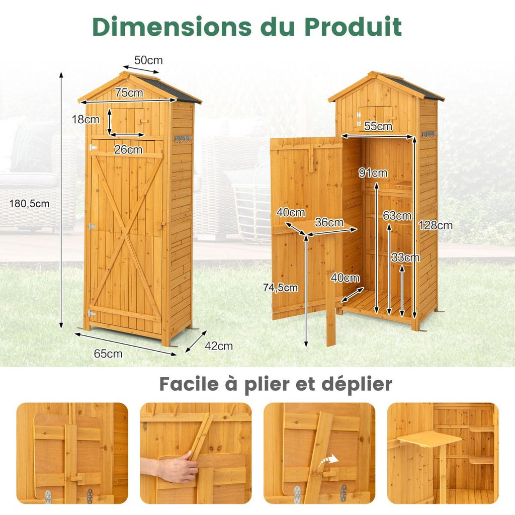 Armoire de Jardin en Bois Imperméable avec Toit Abri de Jardin avec Table Pliable Étagères et 8 Crochets 75x50x180,5CM -