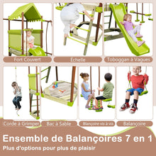 Load image into Gallery viewer, Balançoire 7-en-1 Aire de Jeu en Métal avec Fort Couvert Réglable en Hauteur Corde d'Escalade Bac à Sable Glisseur Toboggan Ondulé Vert -