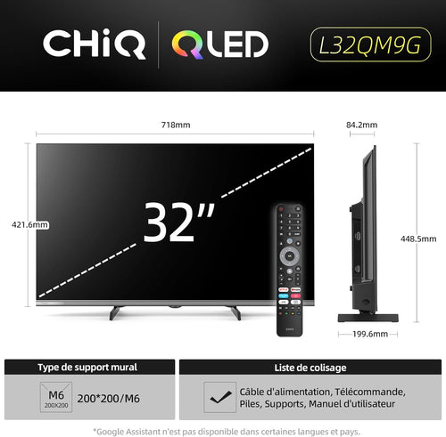 CHIQ L32QM9G 32 Pouces (80 cm) FHD Smart Téléviseur QLED HDR10 Google TV Google Assistant Tuner Triple Dolby Audio DBX-TV Chromecast intégré HDMI USB sans Cadre en Métal Noir
