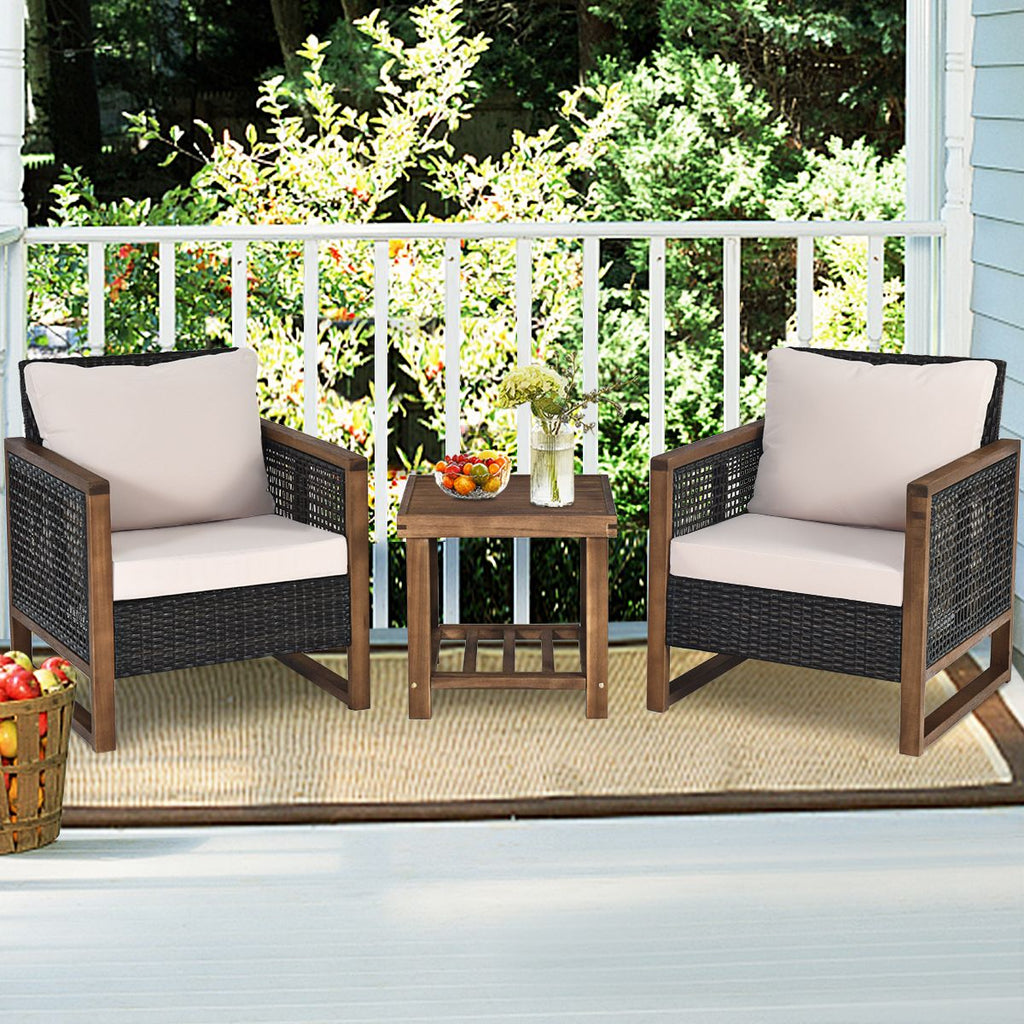 Ensemble Salon de Jardin en Bois d'Acacia Rotin Artisanal Anti-soleil Résistant aux Intempéries pour Porche Balcon Terrasse -