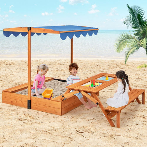 Bac à Sable en Bois pour Enfants avec Couvercle Aire de Jeux avec Table Sensorielle Pliable & Banc Parasol Ajustable pour 3+ Ans Naturel -