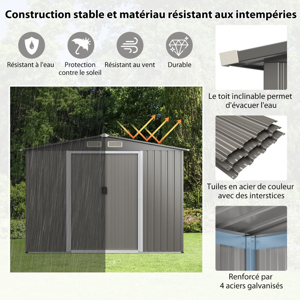 Abri de Jardin Métal Extérieur 9.74m³ Acier Galvanisé avec Fondation 4 Persiennes Double Porte et Rampe 260 x 207 x 181 cm Gris Foncé/Gris Clair -