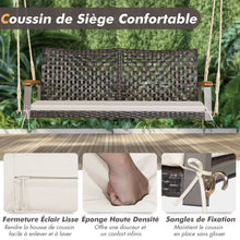 Load image into Gallery viewer, Banc Suspendu de Jardin en Rotin 2 Place Accoudoirs en Bois d'Acacia Cadre en Métal Coussin Cordes Crochets Blanc/Noir -