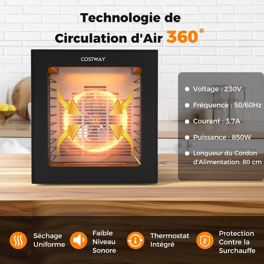 Déshydrateur Alimentaire Séchoir à 10 Plateaux en Acier Inoxydable avec 10 Programmes Préréglés Minuterie de 48H&Température de 30-75Noir -