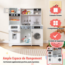 Load image into Gallery viewer, Cuisine de Jeu pour 3 Ans et Plus Jouets de Cuisine en Bois avec Evier Robinet Distributeur d橢au Micro-ondes Four Ustensiles Blanc -