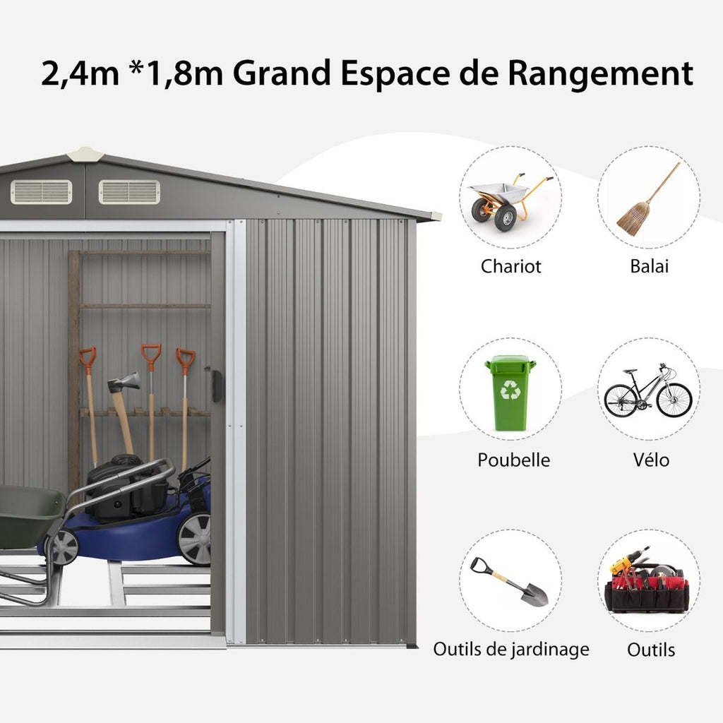 Abri de Jardin Métal Extérieur 9.74m³ Acier Galvanisé avec Fondation 4 Persiennes Double Porte et Rampe 260 x 207 x 181 cm Gris Foncé/Gris Clair -