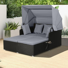 Load image into Gallery viewer, Chaise Longue à 2 Places en Rotin avec Auvent Rétractable Bain de Soleil avec Panneaux Latéraux Pliables Charge 360KG Beige/Gris -