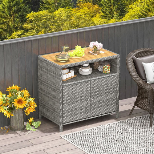 Armoire de Rangement Exterieur en Rotin Armoire de Jardin avec Plateau en Bois d'Acacia Compartiment Ouvert Buffet  2 Portes -