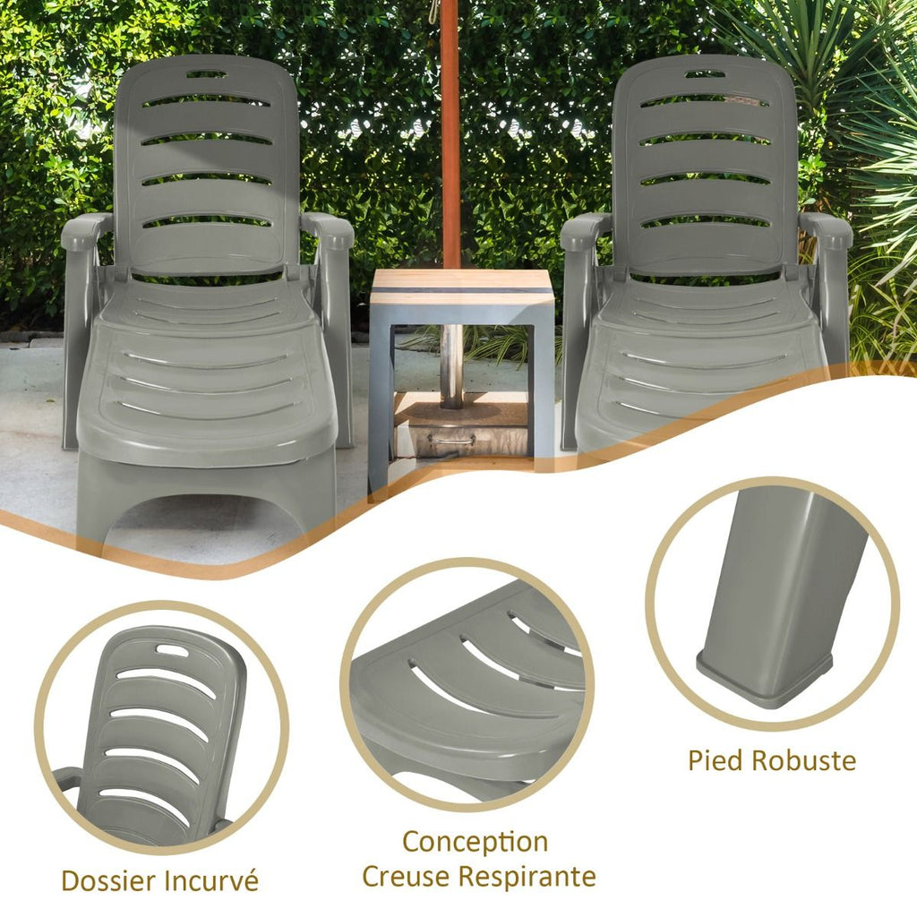 Chaise Longue Pliable Dossier Inclinable  5 Positions avec Roues Intgres pour Terrasse Jardin Piscine 150 kg Gris/Blanc/Bleu -