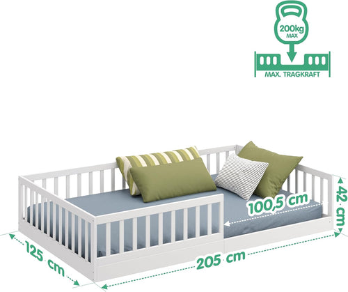 CADANI Timi 2en1 Lit au Sol 120x200 cm Lit Enfant Montessori avec Barrière de Sécurité et Sommier à Lattes, Bois Massif Pin, Blanc, 3 Variantes de Construction, Transformable