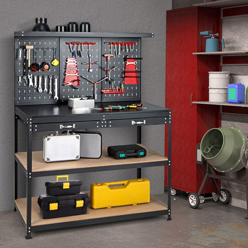 tabli Atelier Garage avec tagres et Tiroirs Panneaux Perfors Table de Travail Cadre en Mtal avec 25 Porte-outils 121 x 61 x 156 cm Noir -