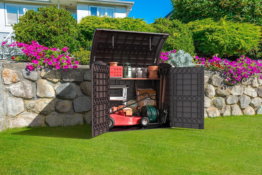 Duramax StoreAway 1200L Plastic Garden Shed/ Flat Lid,Outdoor Storage Shed,Wheelie Bin Hideaways,Wheelie bin box,Durable Construction,Ideal for Bikes,BBQs & 2x 240L Bins,145x85x125 cm,Brown