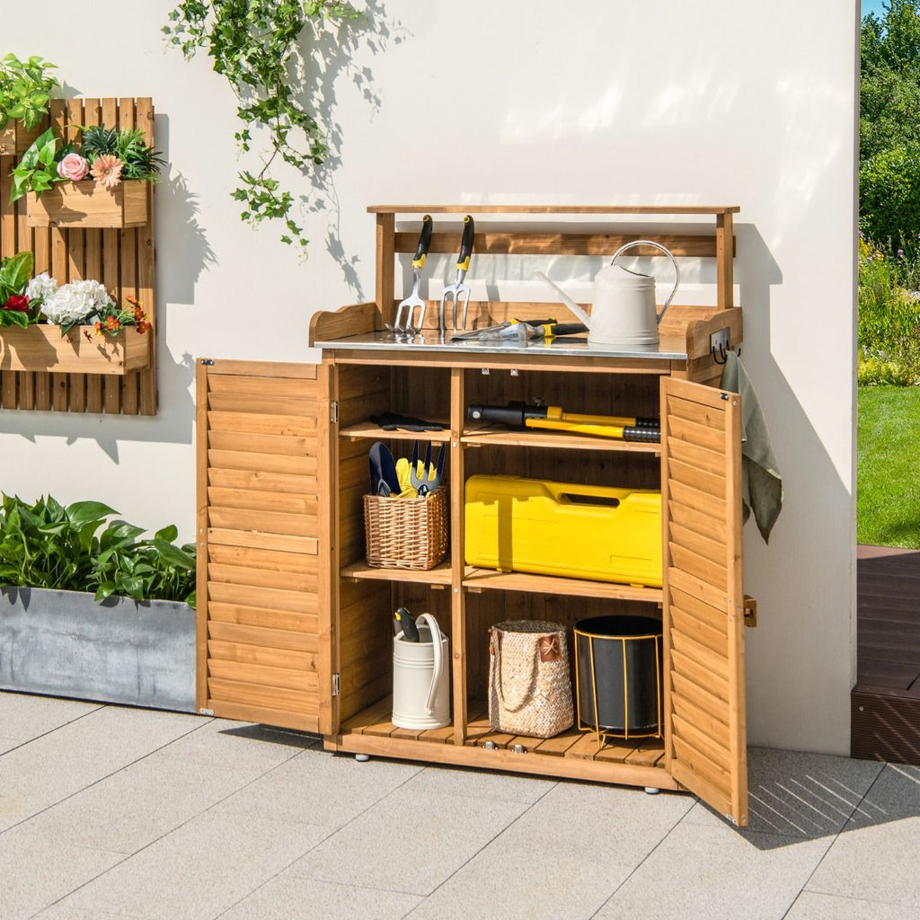 Banc d'Empotage d'Extérieur Table de Jardinage avec Comptoir en Métal Galvanisé 3 Crochets de Suspension Etagères Amovibles Naturel -