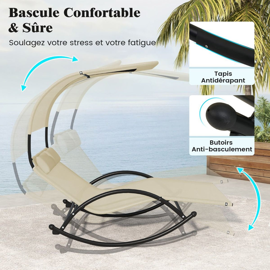 Chaise Longue Double Chaise  Bascule pour 2 Personnes 2 Appui-T锚tes Amovibles Cadre en Mtal Robuste Lit de Repos Ergonomique 2 Places Gris/Noir/Beige -