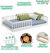 Load image into Gallery viewer, CADANI Timi 2en1 Lit au Sol 120x200 cm Lit Enfant Montessori avec Barrière de Sécurité et Sommier à Lattes, Bois Massif Pin, Blanc, 3 Variantes de Construction, Transformable