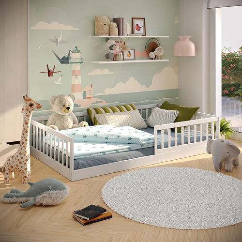 CADANI Timi 2en1 Lit au Sol 120x200 cm Lit Enfant Montessori avec Barrière de Sécurité et Sommier à Lattes, Bois Massif Pin, Blanc, 3 Variantes de Construction, Transformable