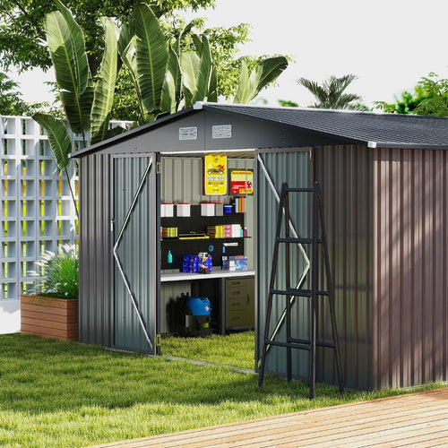 Abri de Stockage Extrieur Grand Hangar  Outils avec Design de Toit Inclin Portes Fermables avec Cls 4 Arations 350x350x198cm Gris -