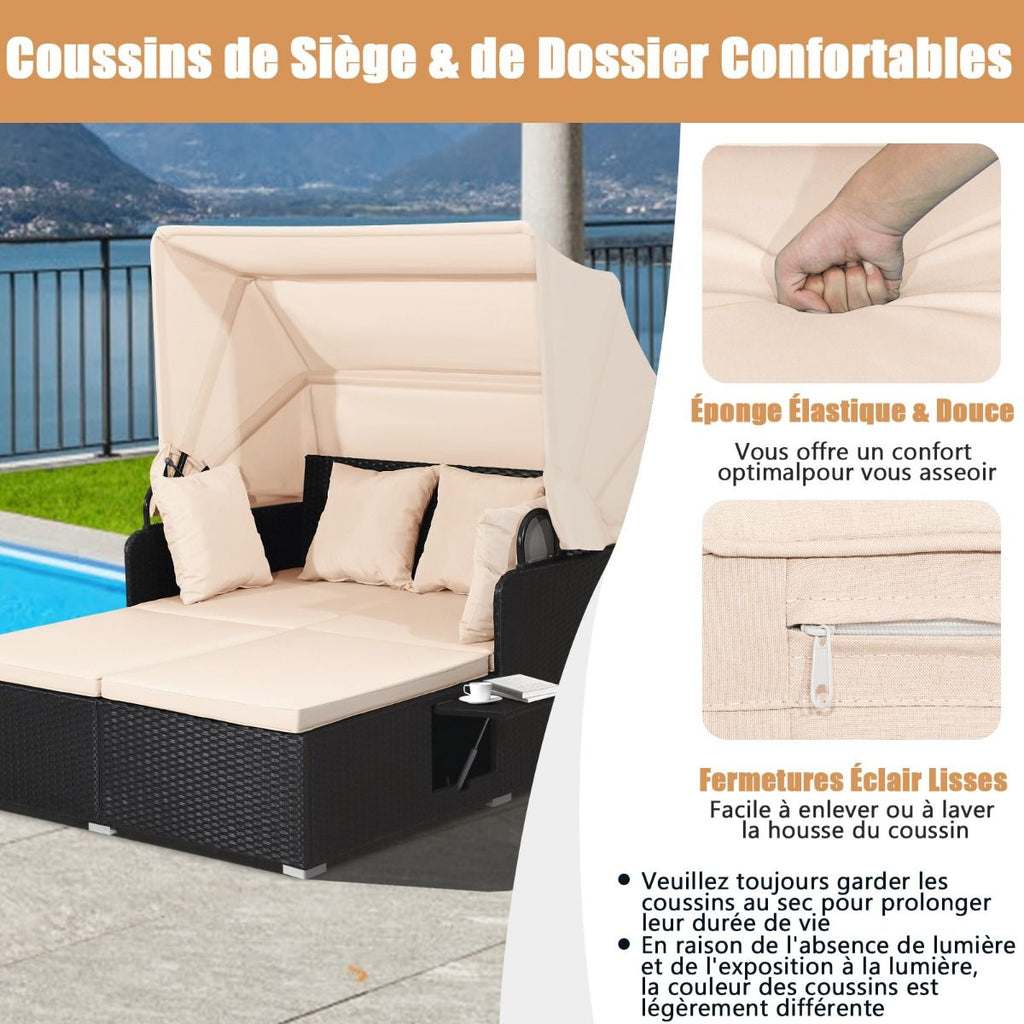 Chaise Longue à 2 Places en Rotin avec Auvent Rétractable Bain de Soleil avec Panneaux Latéraux Pliables Charge 360KG Beige/Gris -