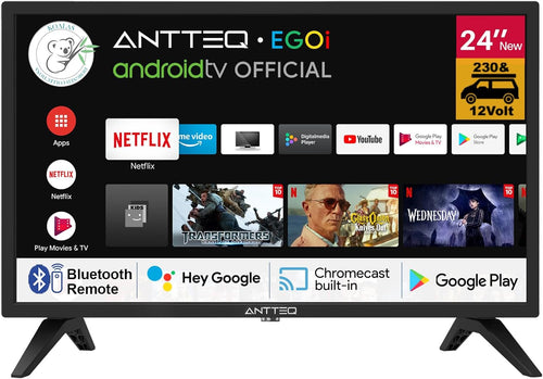 Antteq G24 Smart TV 24 Pouces (60 cm) Television 220/12V Bluetooth compatibilité avec Google Assistant Triple Tuner (DVB-S2/T2/C) WiFi Bluetooth HDMI USB Miroir d’Écran Idéal Camping