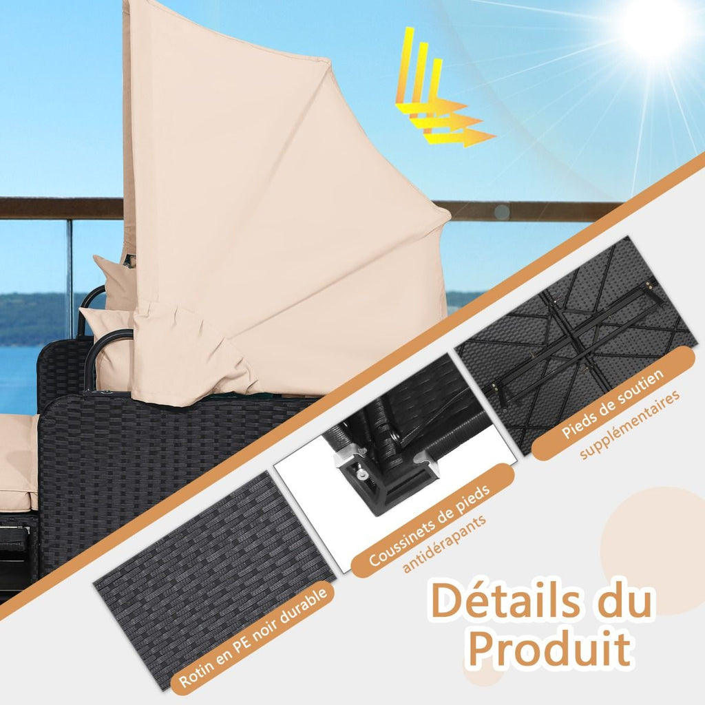 Chaise Longue à 2 Places en Rotin avec Auvent Rétractable Bain de Soleil avec Panneaux Latéraux Pliables Charge 360KG Beige/Gris -