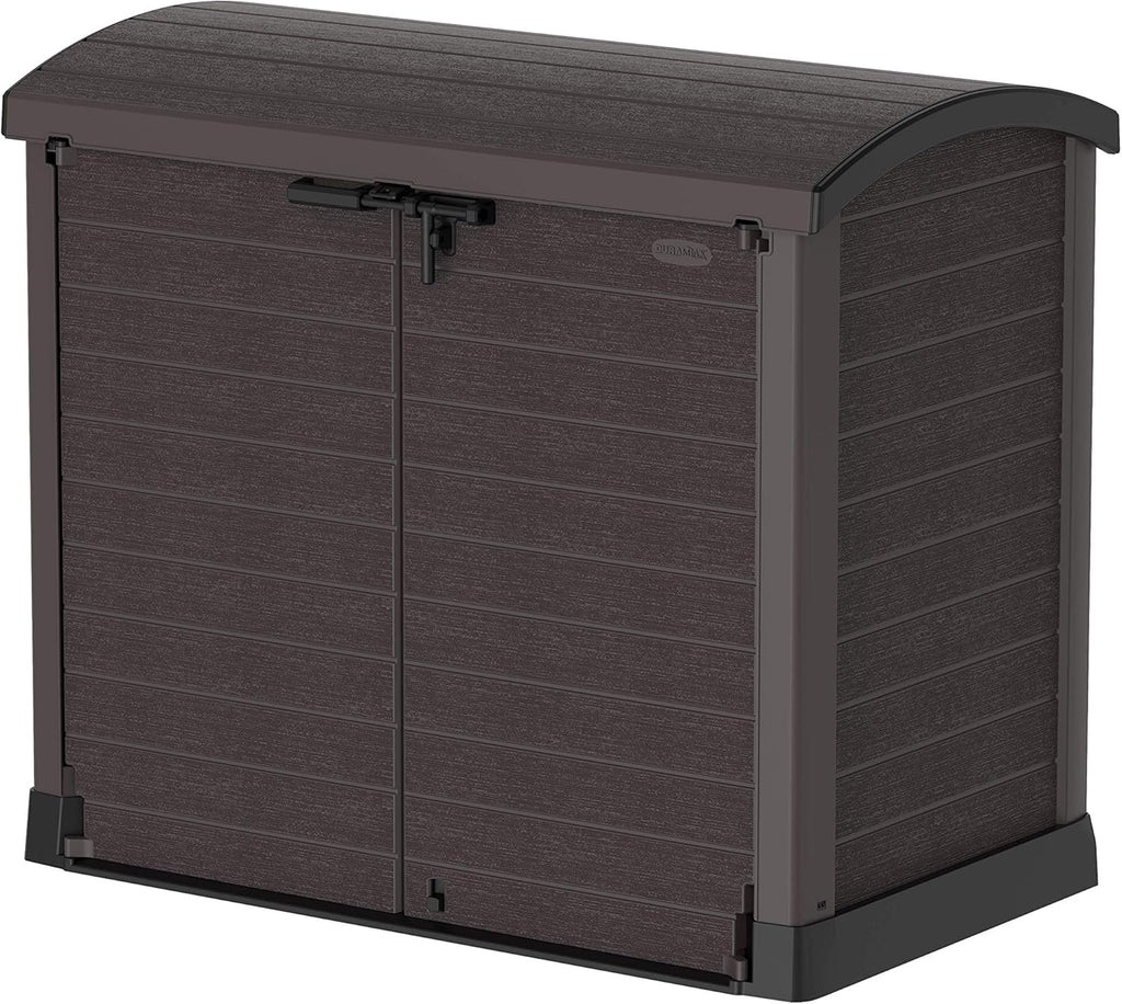 Duramax StoreAway 1200L Plastic Garden Shed/ Flat Lid,Outdoor Storage Shed,Wheelie Bin Hideaways,Wheelie bin box,Durable Construction,Ideal for Bikes,BBQs & 2x 240L Bins,145x85x125 cm,Brown