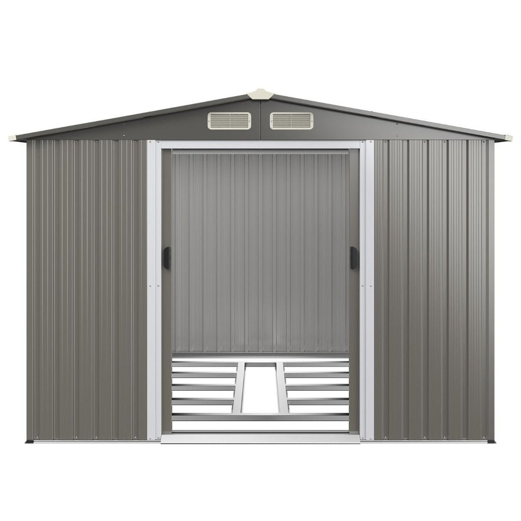 Abri de Jardin Métal Extérieur 9.74m³ Acier Galvanisé avec Fondation 4 Persiennes Double Porte et Rampe 260 x 207 x 181 cm Gris Foncé/Gris Clair -