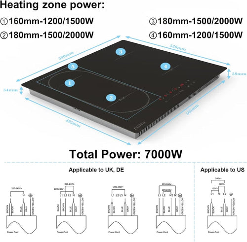 Covercook Plaque à Induction - Plaque de Cuisson à Induction Electrique -Encastrable 3 ou 4 foyers - Flexible Zone - 9 Niveaux de Puissance, Commande Tactile - Verrouillage d'enfant - 7000W, 220-240 V