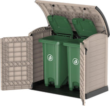 Load image into Gallery viewer, Duramax StoreAway 1200L Plastic Garden Shed/ Flat Lid,Outdoor Storage Shed,Wheelie Bin Hideaways,Wheelie bin box,Durable Construction,Ideal for Bikes,BBQs &amp; 2x 240L Bins,145x85x125 cm,Brown