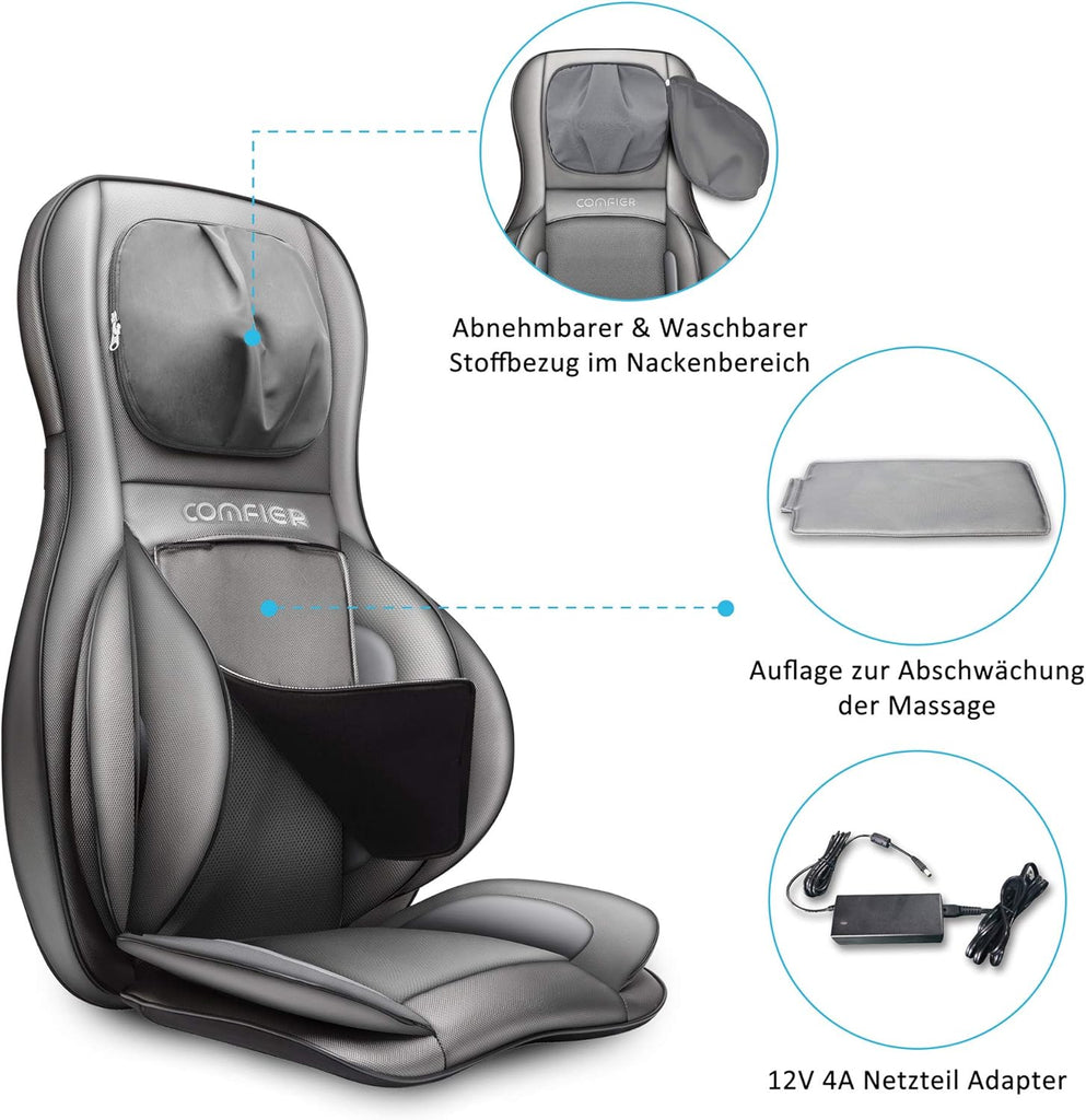 COMFIER Siège Massant Shiatsu avec Compression et Roulement - Masseur de Dos avec Chaleur, Chaise Massage de pétrissage pour Le Dos, Le Cou et Les épaules, Cadeau Papa Maman Femme Homme