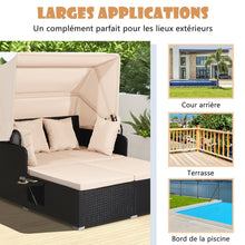 Load image into Gallery viewer, Chaise Longue à 2 Places en Rotin avec Auvent Rétractable Bain de Soleil avec Panneaux Latéraux Pliables Charge 360KG Beige/Gris -