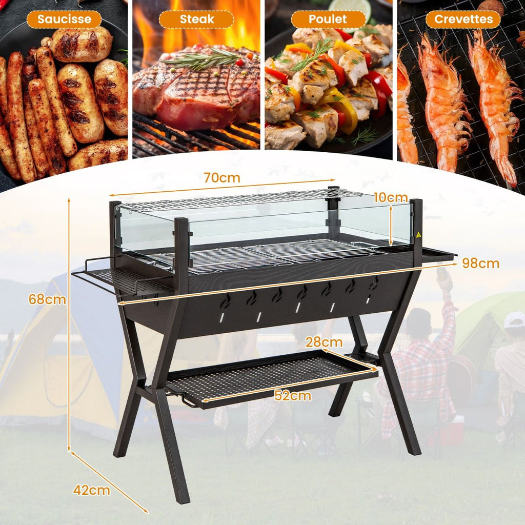 Barbecue  Charbon de Bois Gril au Charbon de Bois en Acier Inoxydable avec Pare-vent Supports d'Assaisonnement tagre de Rangement Marron -