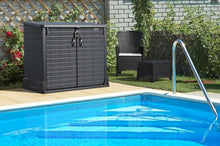 Load image into Gallery viewer, Duramax StoreAway 1200L Plastic Garden Shed/ Flat Lid,Outdoor Storage Shed,Wheelie Bin Hideaways,Wheelie bin box,Durable Construction,Ideal for Bikes,BBQs &amp; 2x 240L Bins,145x85x125 cm,Brown