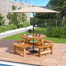 Load image into Gallery viewer, Ensemble Table de Pique-Nique en Bois pour 2  8 Personnes Set Table et Banc Circulaire avec 4 Bancs Intgrs Trou de Parasol de 5cm Marron/Jaune -